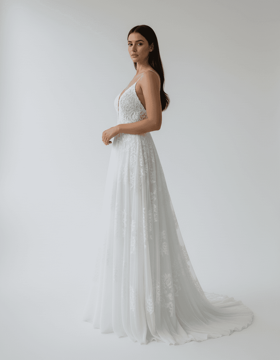 Vue de profil d'une robe de mariée droite et fluide, légère et raffinée