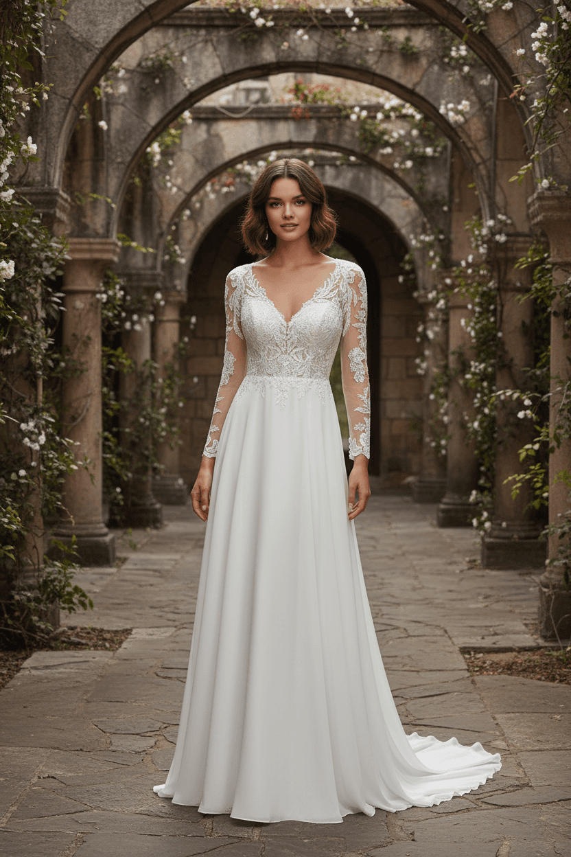 Vue de face d'une robe de mariée avec haut en dentelle et jupe fluide