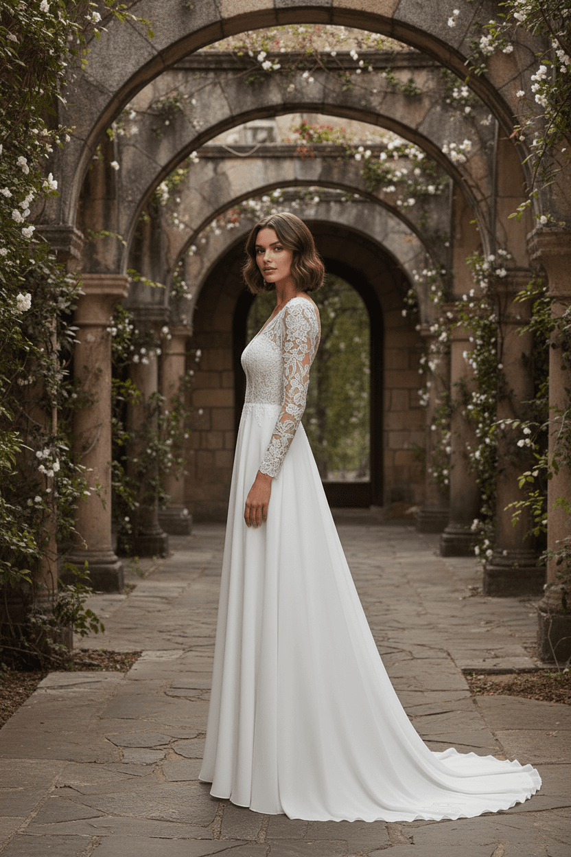 Vue de profil d'une robe de mariée fluide avec manches longues en dentelle