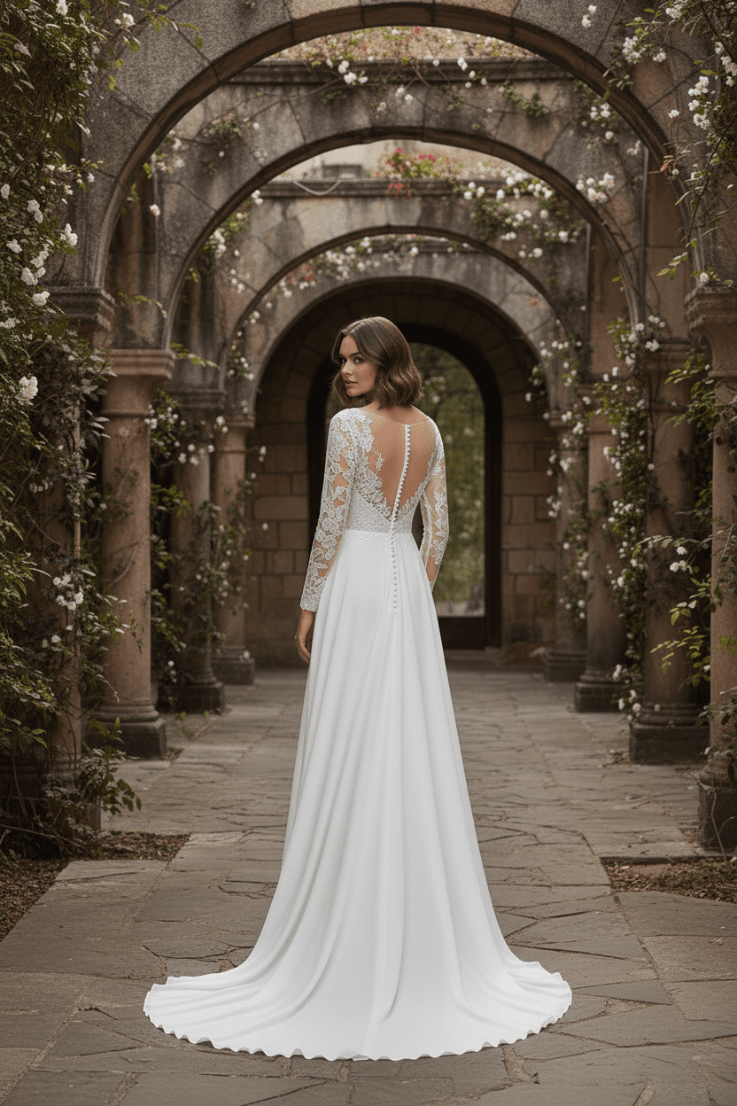 Vue de dos d'une robe de mariée fluide avec haut en dentelle et dos transparent élégant