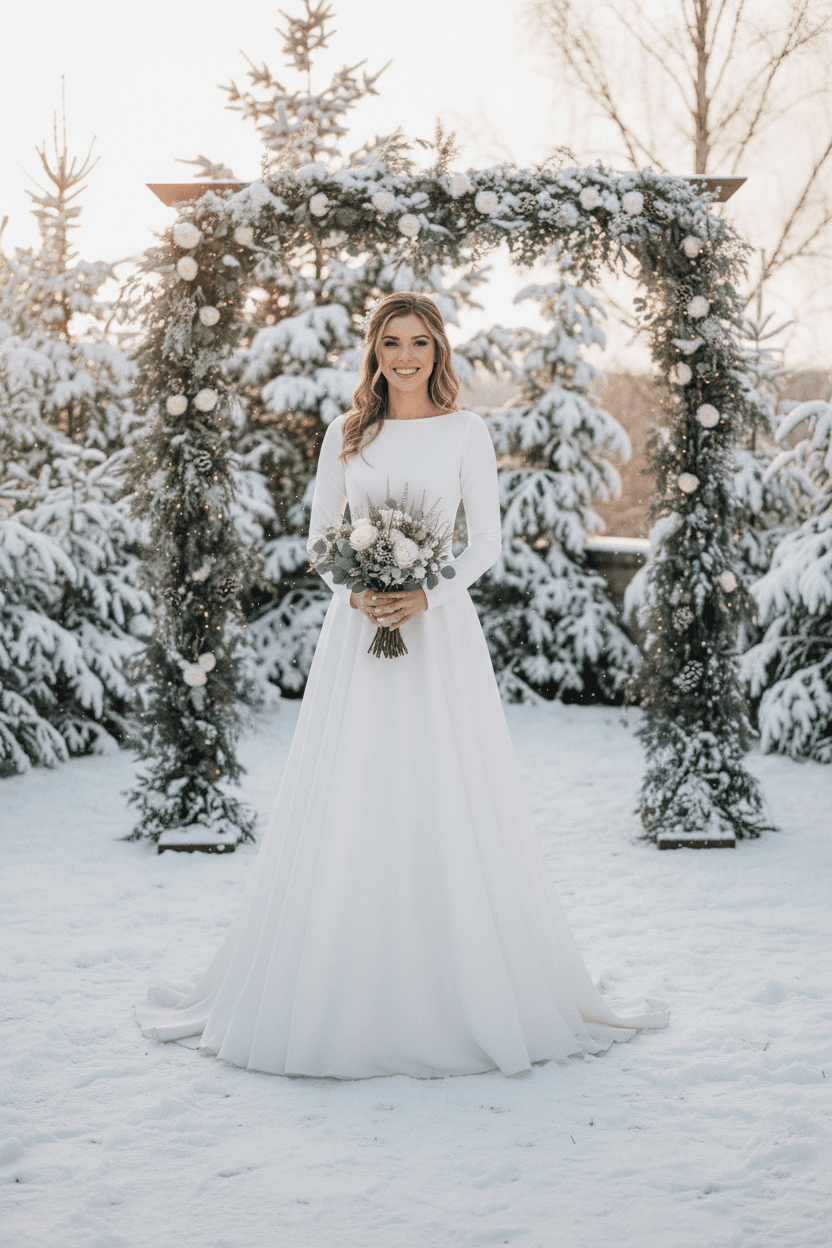 Vue de face d'une robe de mariée hiver manches longues élégante dans la neige