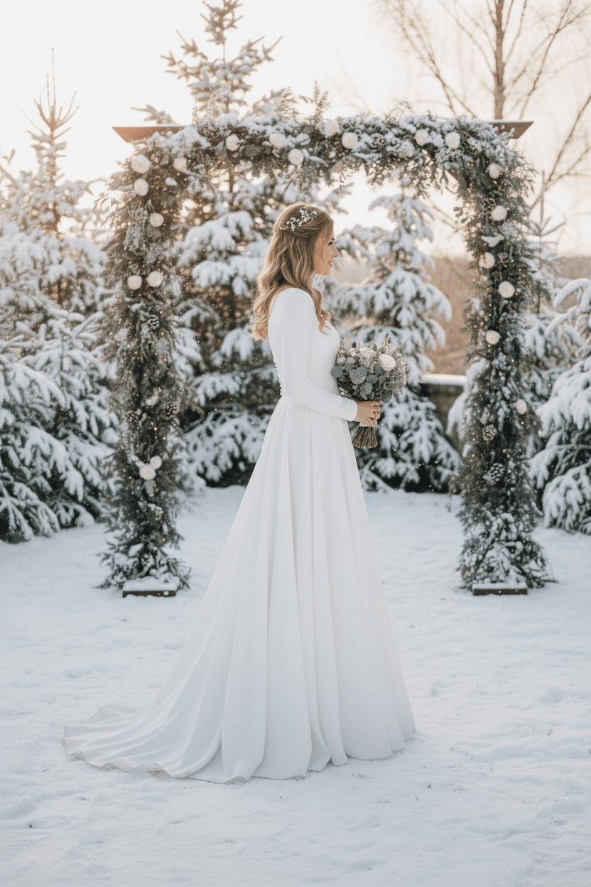 Vue de profil d'une robe de mariée hiver fluide avec manches longues