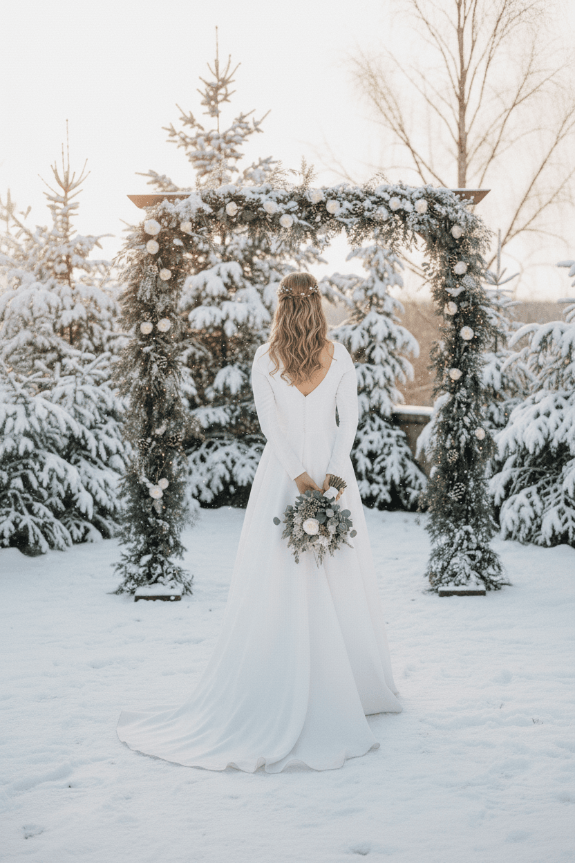 Vue de dos d'une robe de mariée hiver manches longues avec décolleté discret