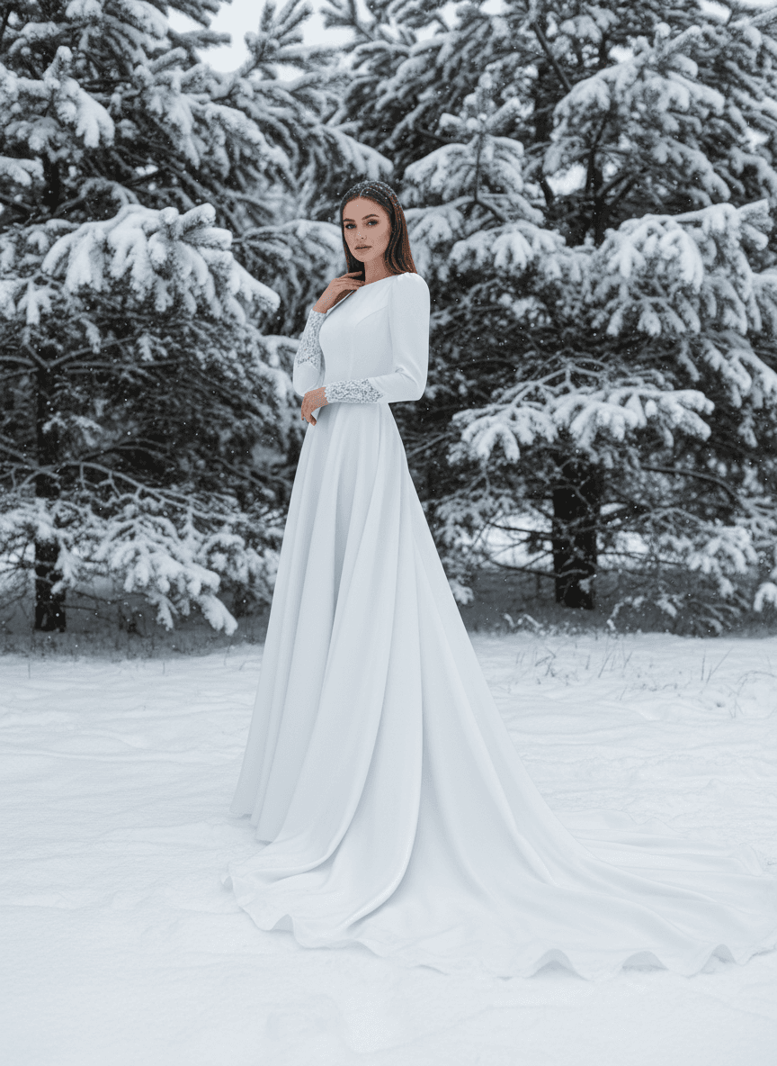 Vue de face d'une robe de mariée hiver simple avec manches longues