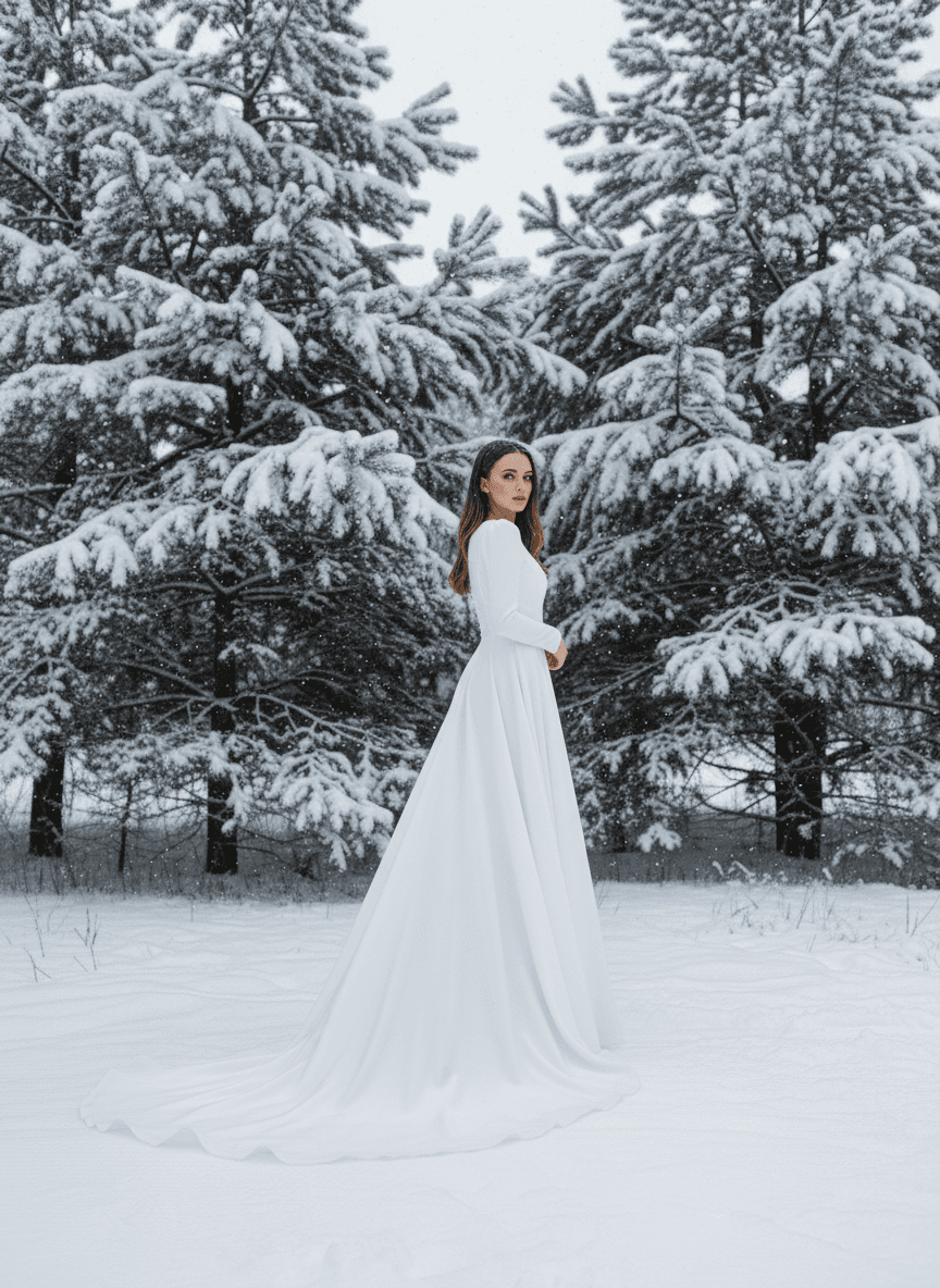 Profil d'une robe de mariée hiver simple élégante et épurée