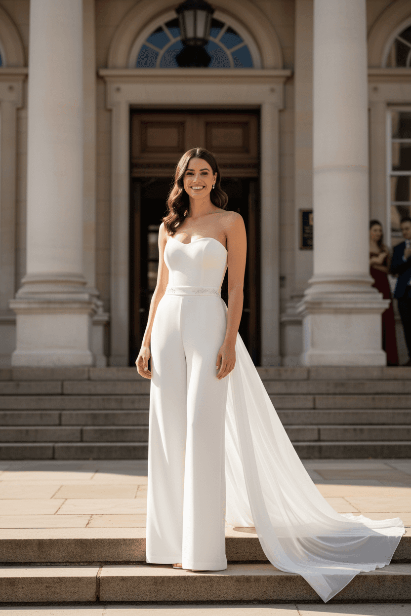 Vue de face d'une combinaison de mariée bustier avec pantalon large et traîne
