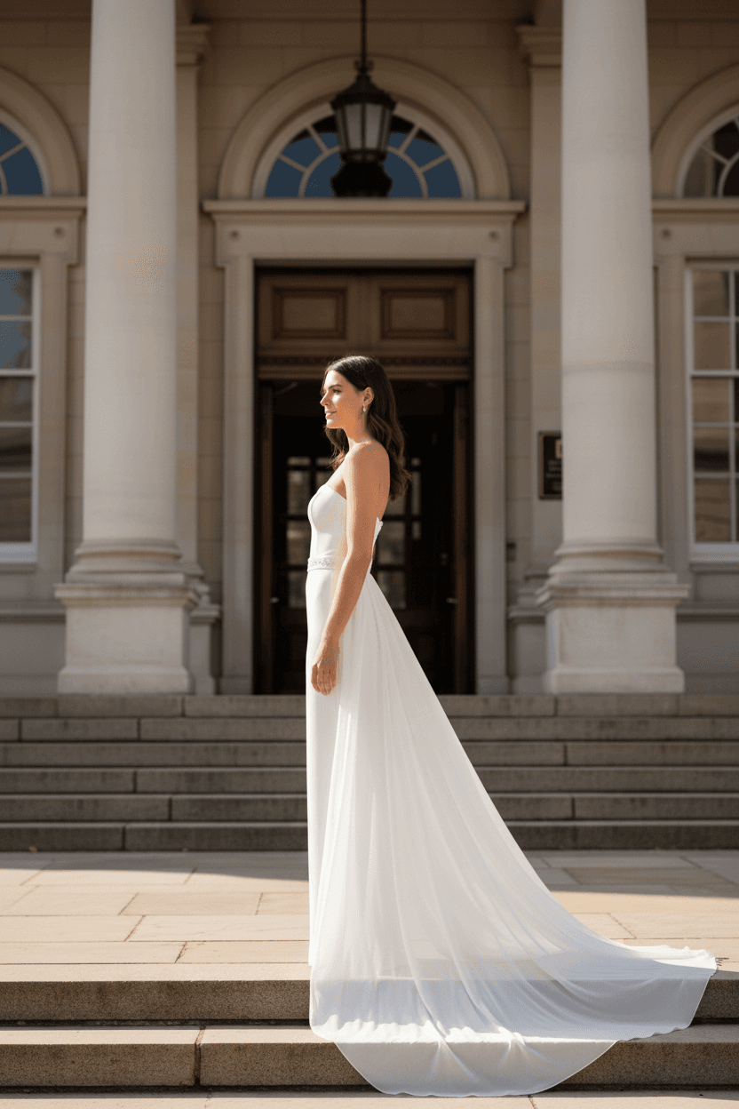 Vue de profil d'une longue combinaison de mariée avec bustier et traîne fluide