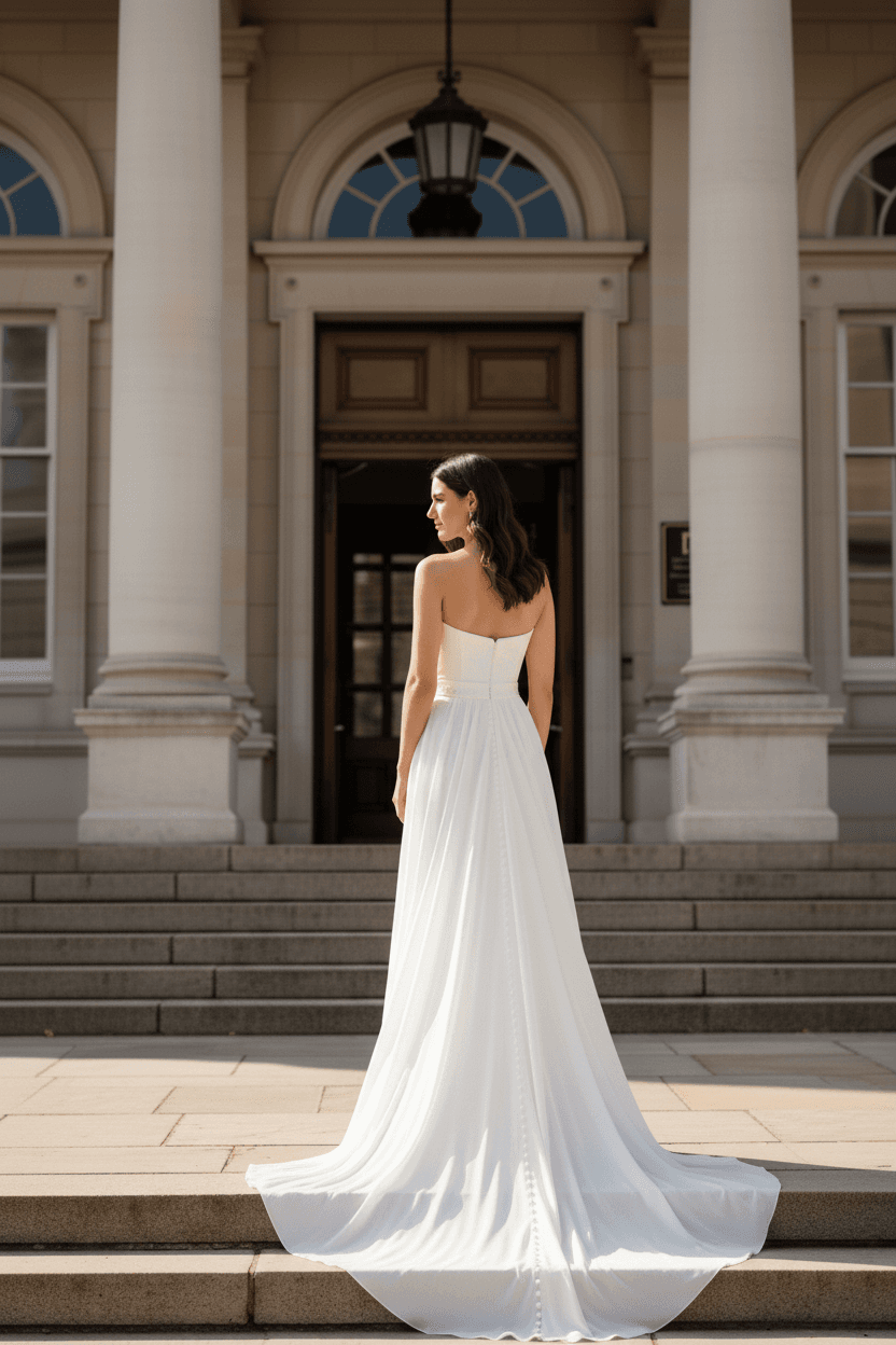 Vue de dos d'une combinaison de mariée bustier avec pantalon et traîne vaporeuse