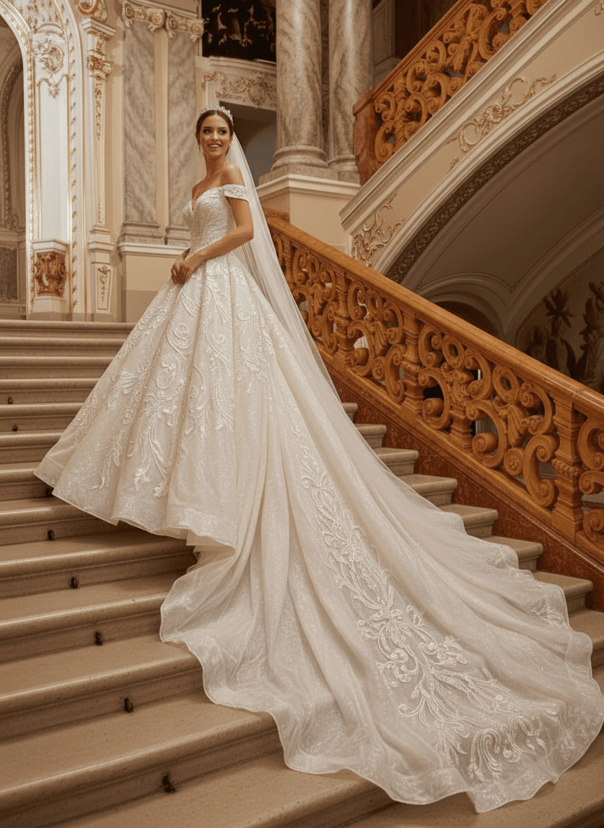 Vue de profil d'une robe princesse longue traîne majestueuse