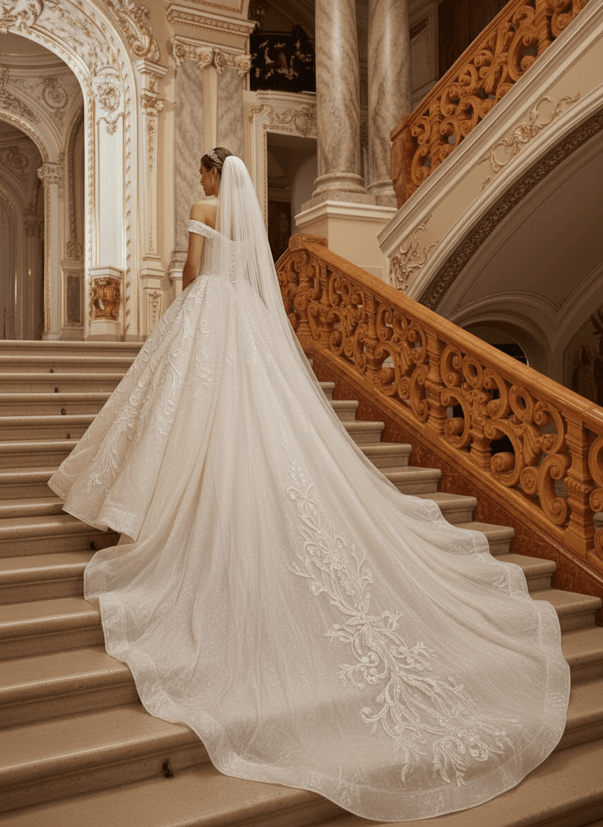 Vue de dos d'une robe de mariée longue traîne princesse brodée