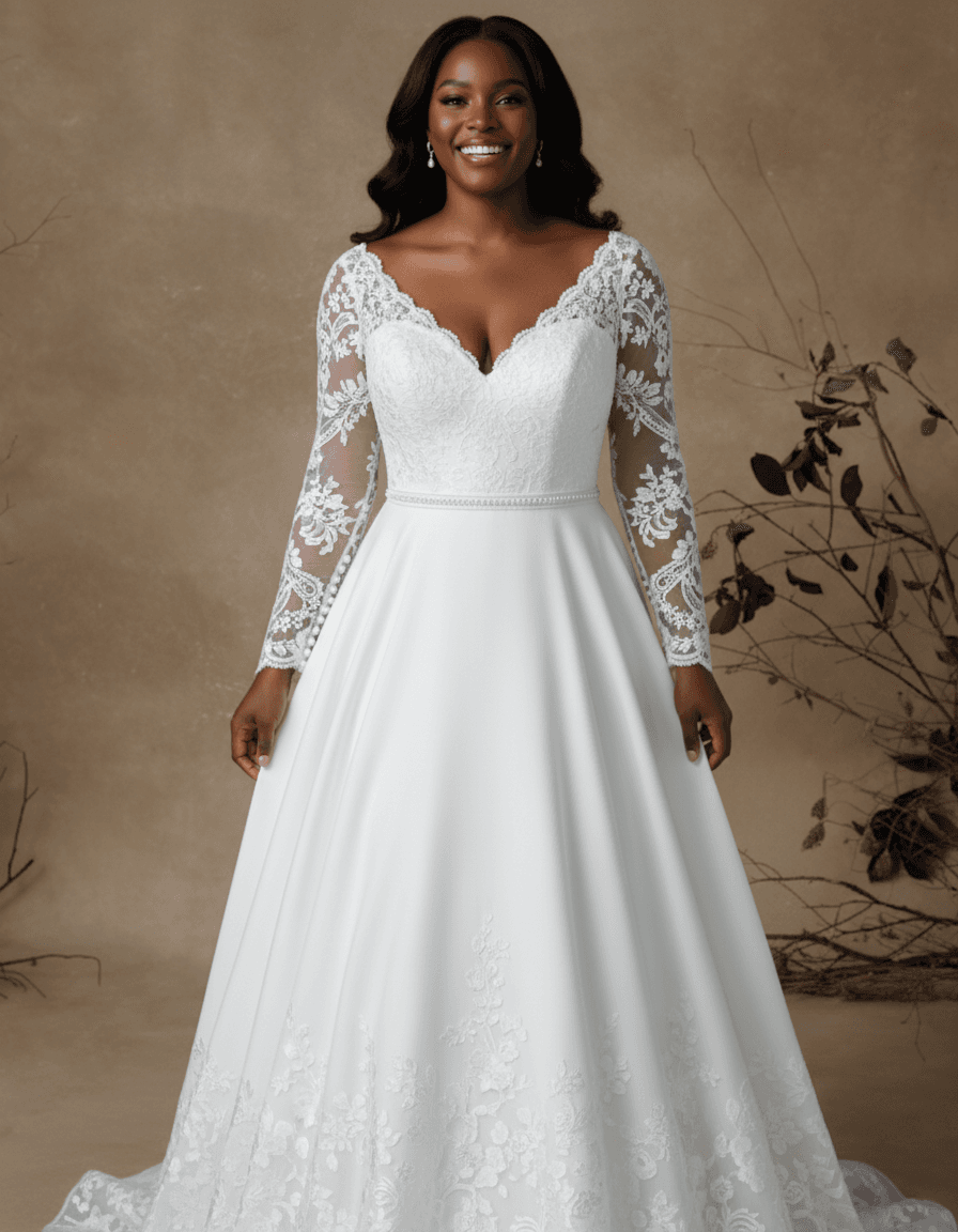 Vue de face d'une robe de mariée à manches longues en dentelle avec bustier raffiné