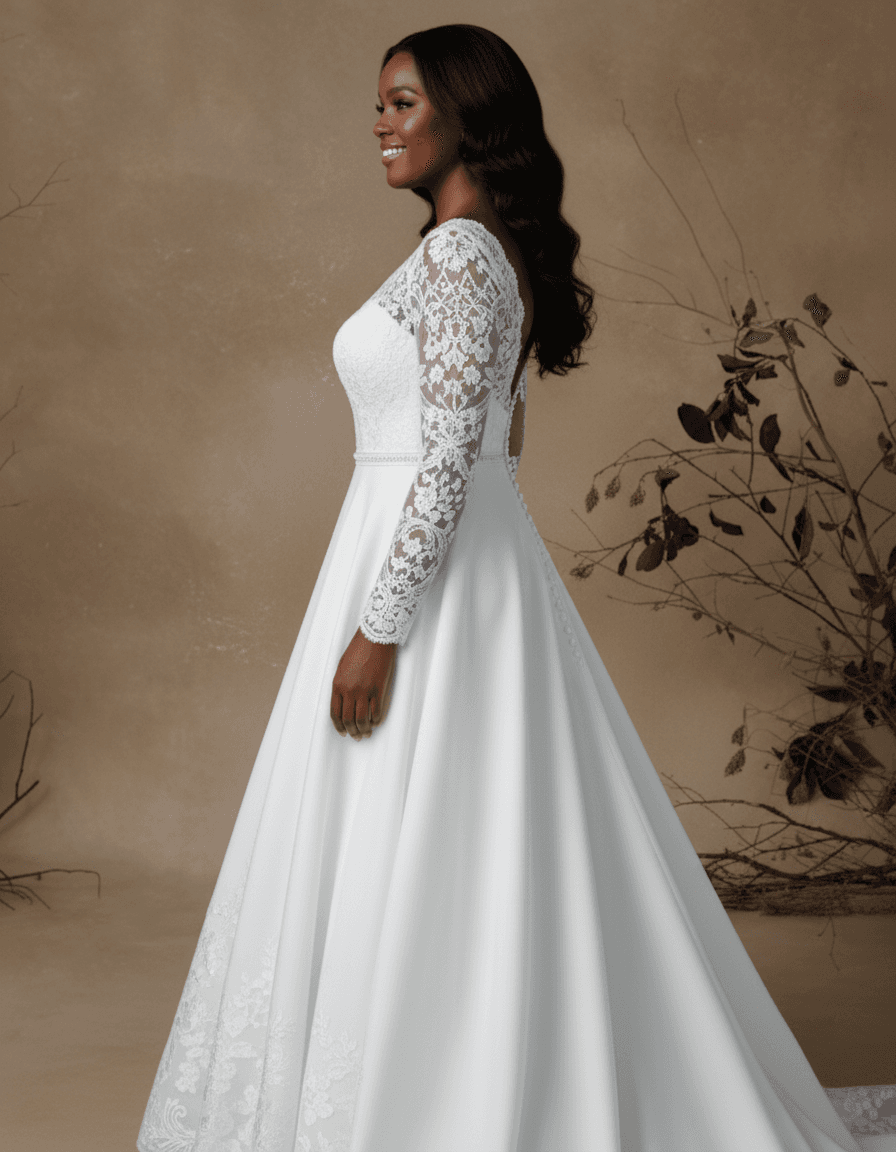 Vue de profil d'une robe de mariée fluide avec manches en dentelle semi-transparentes