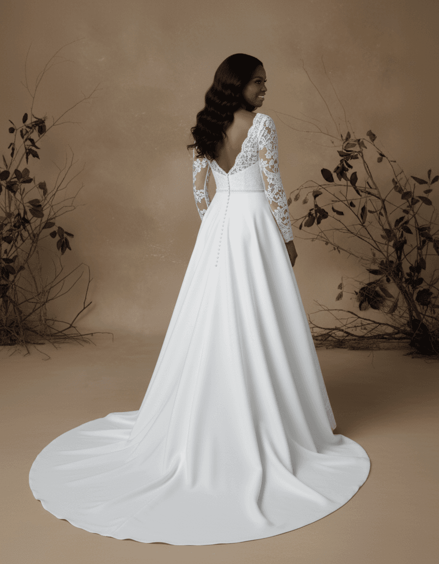 Vue de dos d'une robe de mariée à manches en dentelle avec décolleté plongeant et traîne