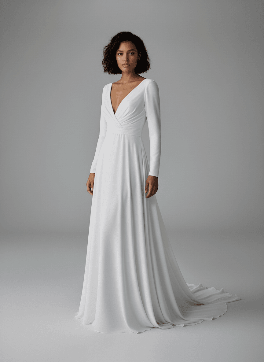 Vue de face d'une robe de mariée fluide avec manches longues et décolleté en V
