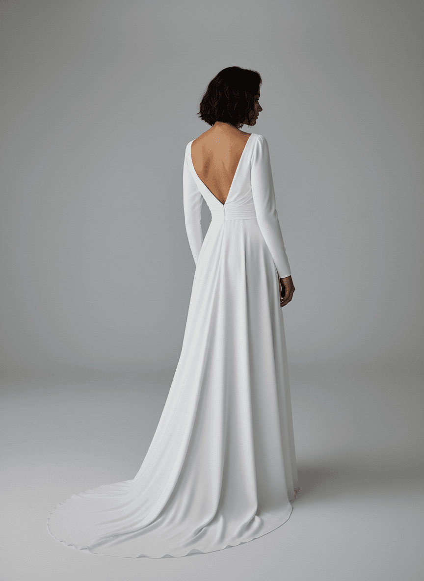 Vue de dos d'une robe de mariée fluide avec manches longues et dos plongeant