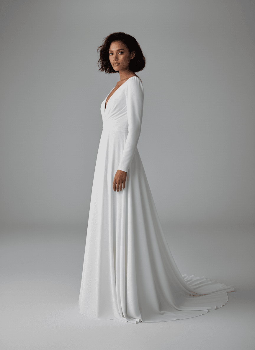 Vue de profil d'une robe de mariée fluide et élégante avec traîne délicate