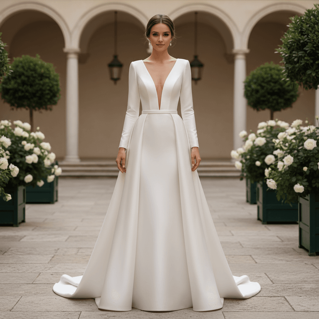 Vue de face d'une robe de mariée satin manches longues avec décolleté plongeant