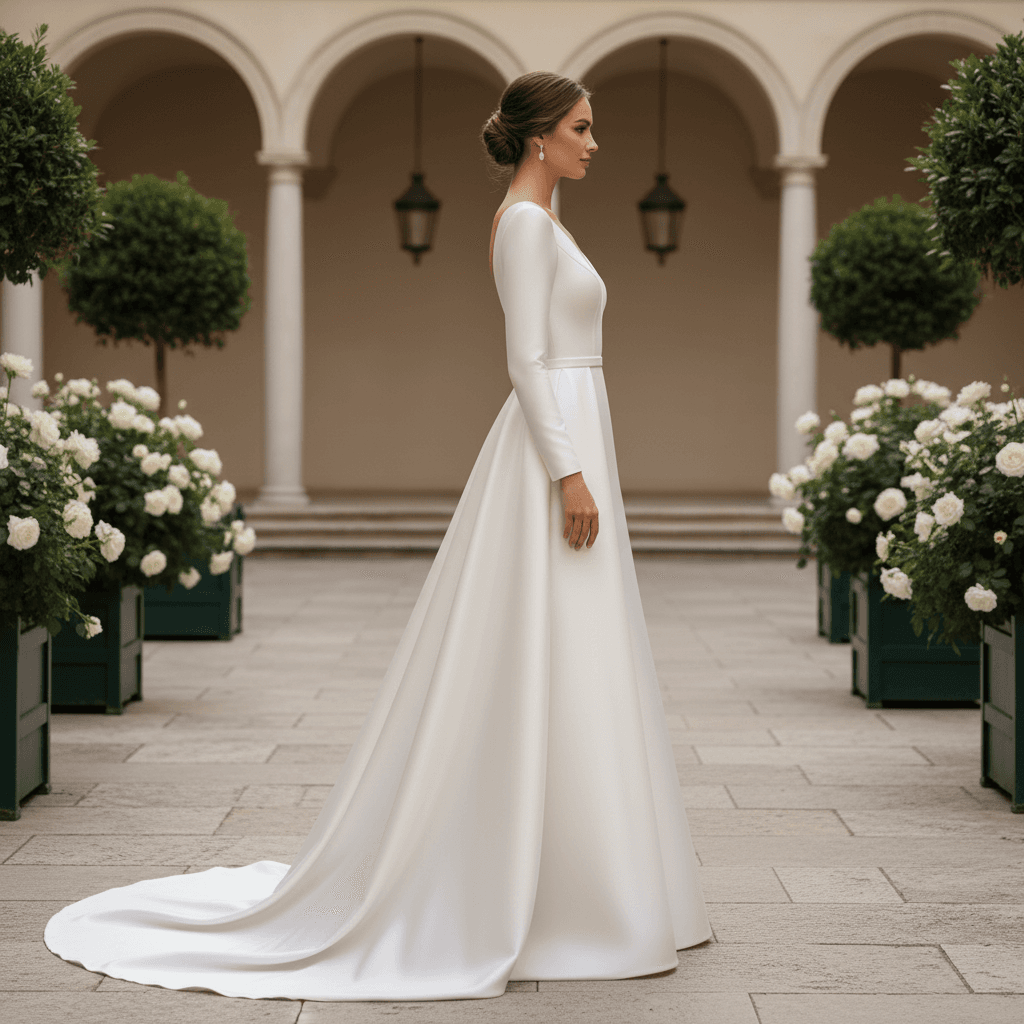 Vue de profil d'une robe de mariée satin manche longue avec traîne élégante