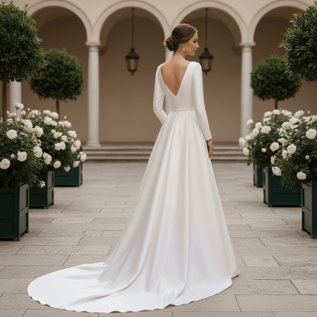 Vue de dos d'une robe de mariée satin manche longue avec dos en V