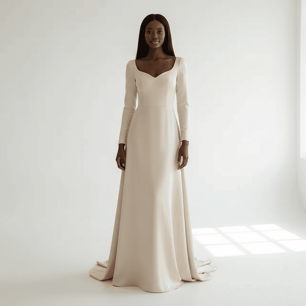 Vue de face d'une robe de mariée simple à manches longues