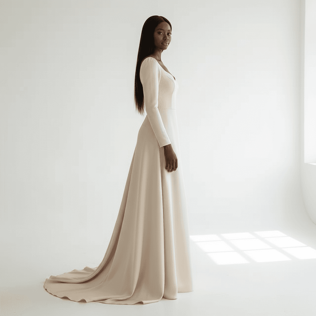 Vue de profil d'une robe de mariée simple fluide manches longues