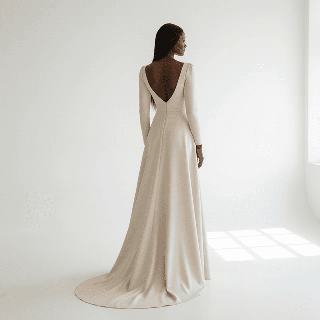 Vue de dos d'une robe de mariée simple à manches longues élégante