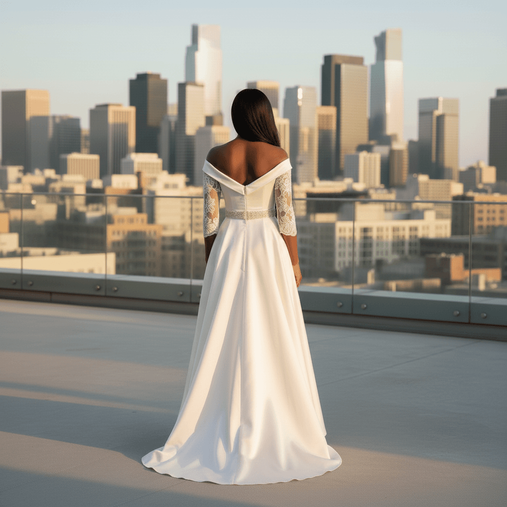 Vue de dos d'une robe de mariée marocaine moderne avec traîne légère