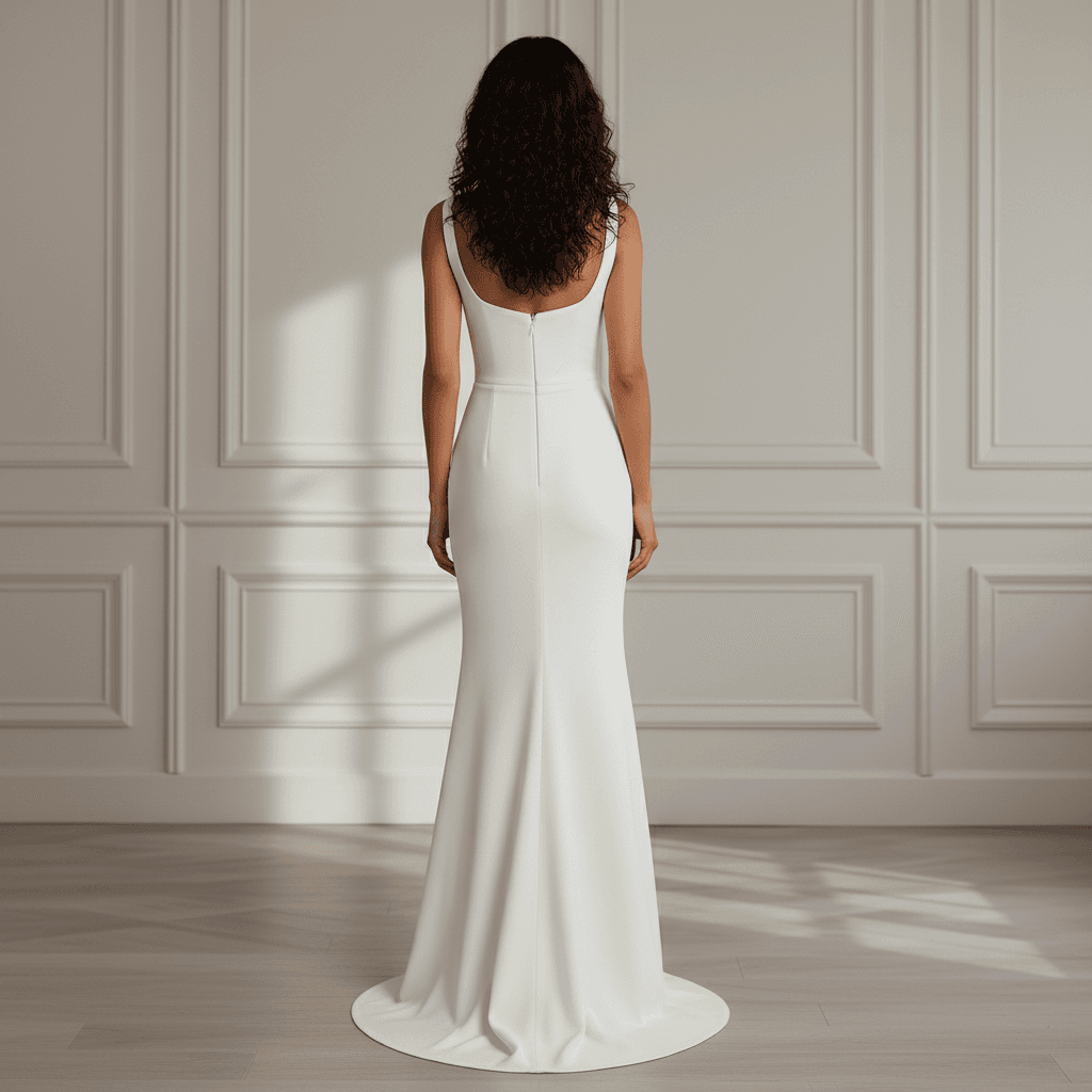 Vue arrière d'une robe de mariée minimaliste fluide
