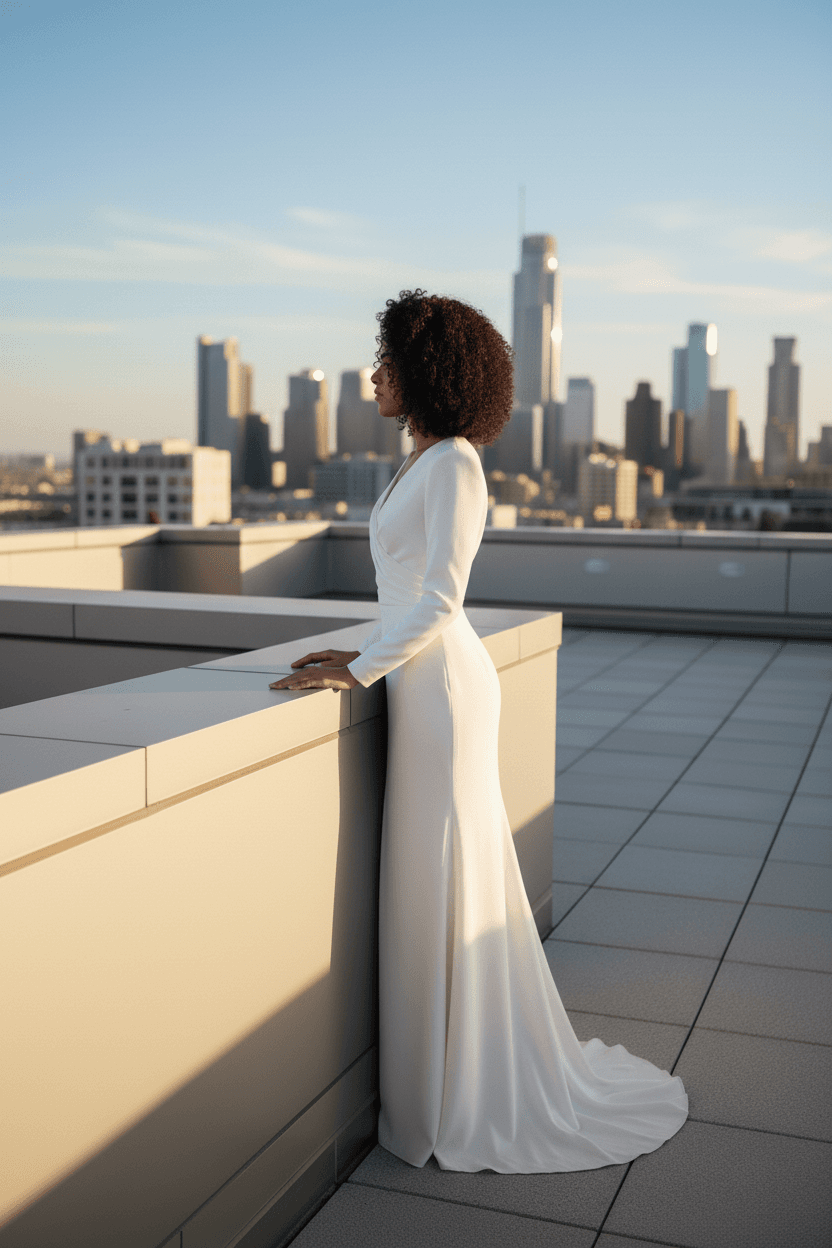 Vue de profil d'une robe de mariée moderne avec manches longues élégantes
