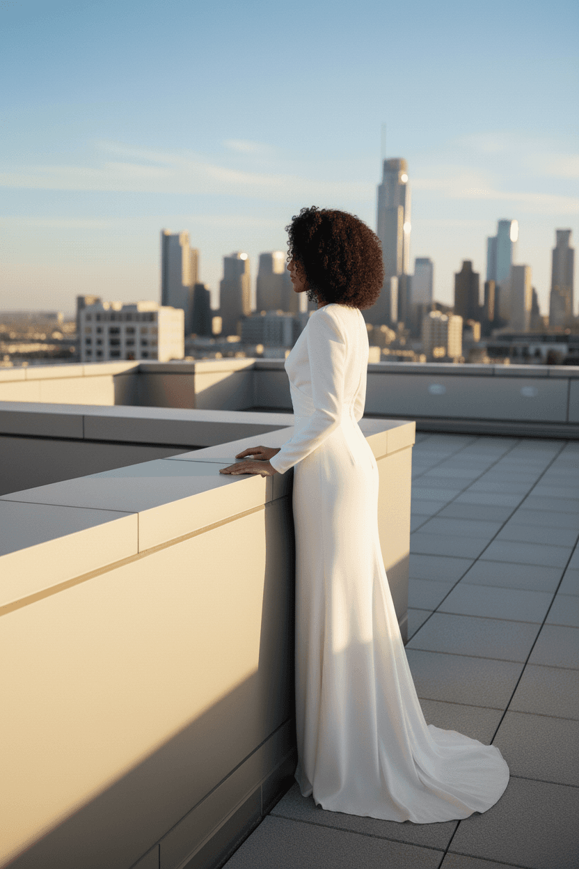 Vue de dos d'une robe de mariée moderne et chic avec coupe minimaliste