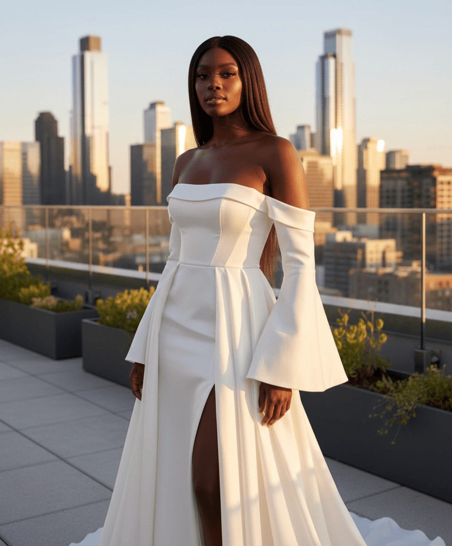 Vue de face d'une robe de mariée moderne et originale avec manches évasées