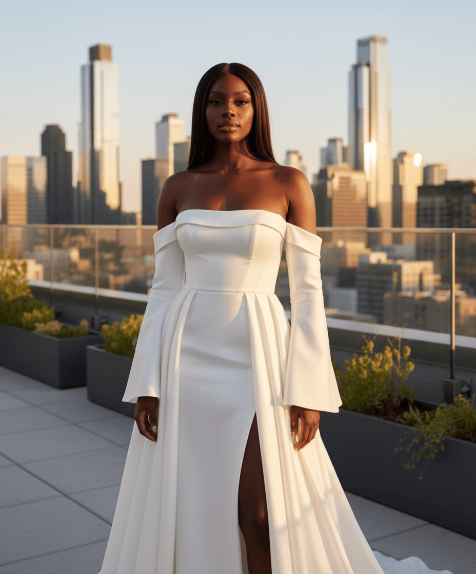 Vue de profil d'une robe de mariée moderne avec fente et bustier droit