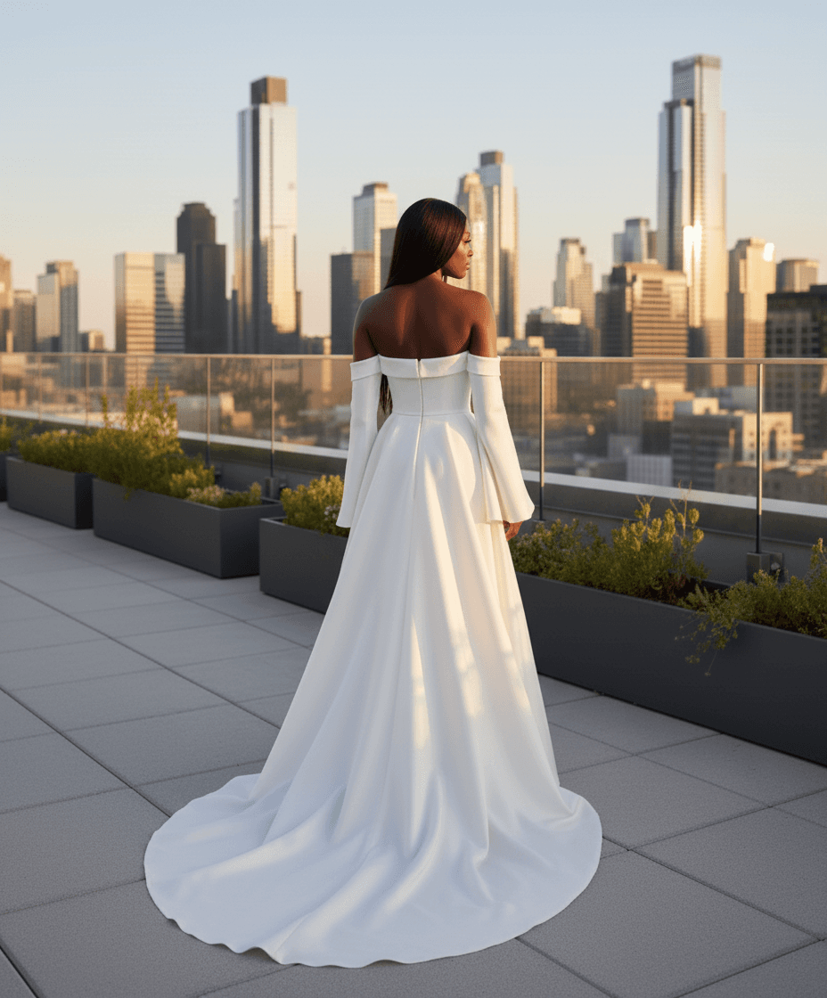 Vue de dos d'une robe de mariée moderne et originale avec traîne longue