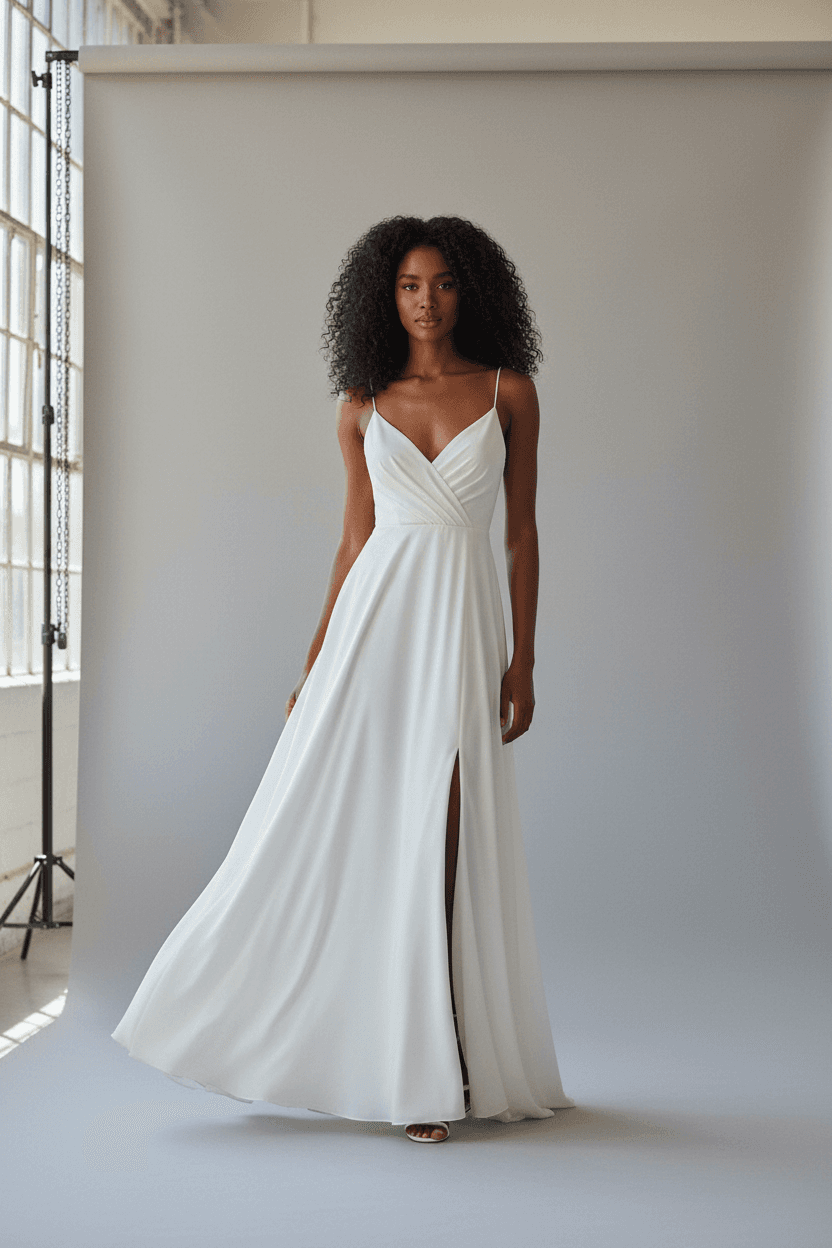 Vue de face d'une robe de mariée originale et simple avec décolleté croisé