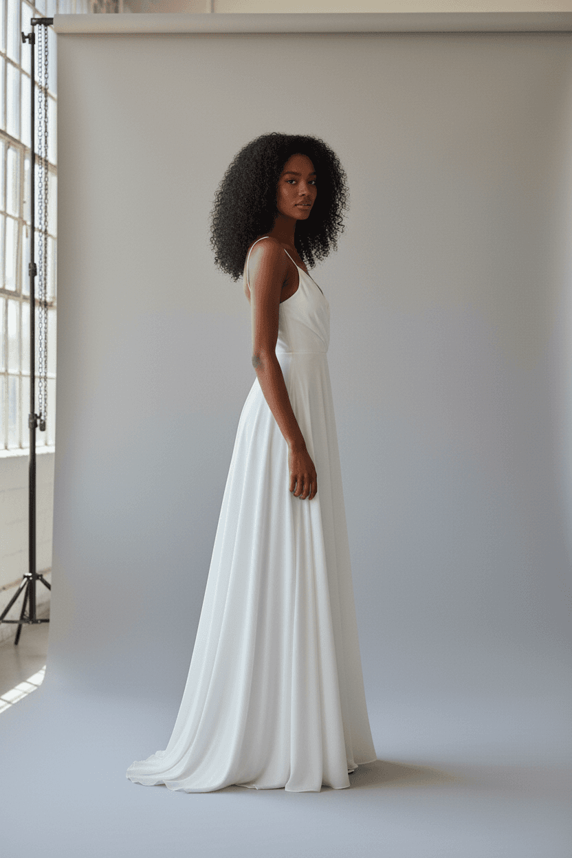 Vue de profil d'une robe de mariée originale et simple fluide