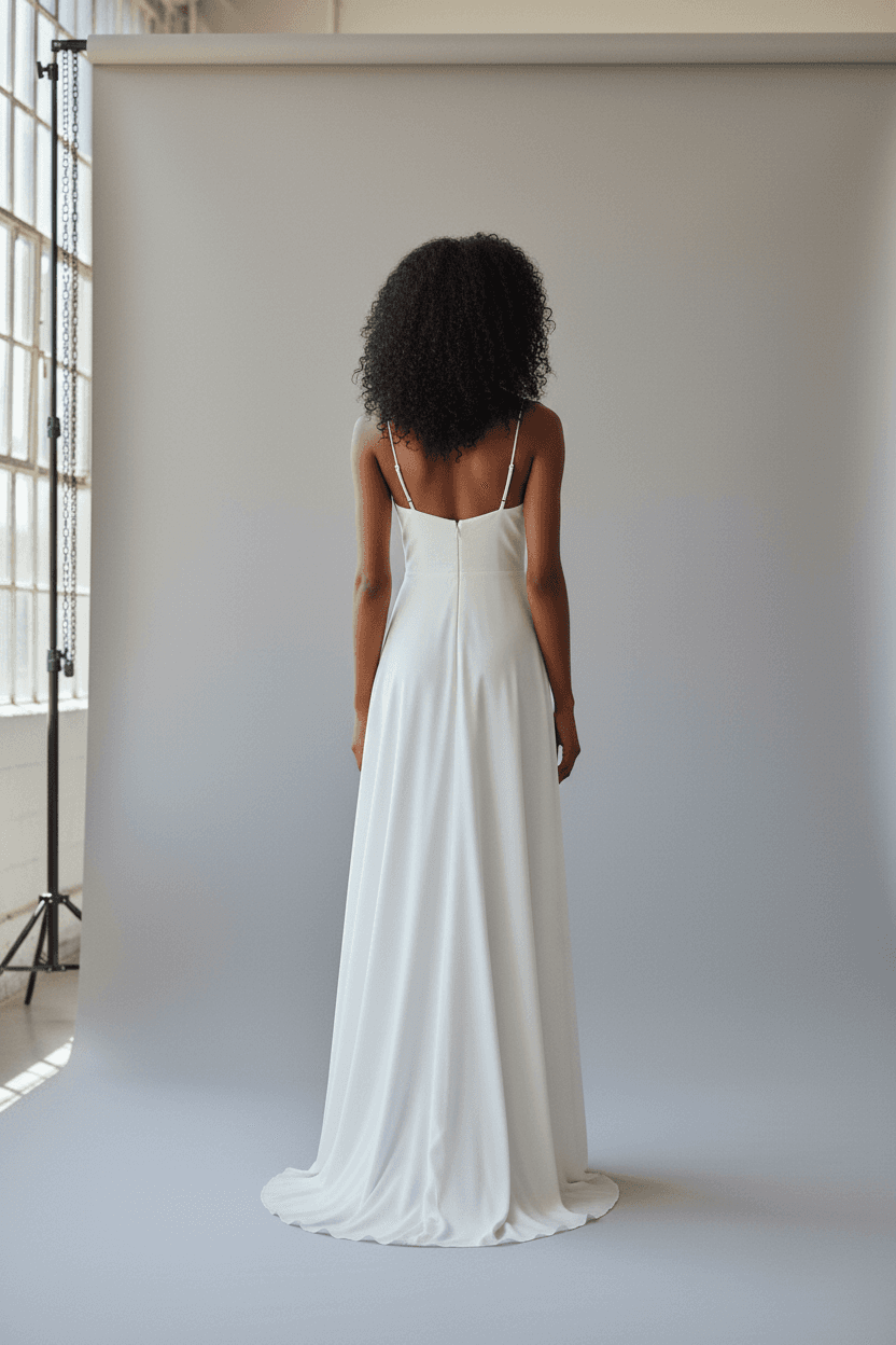 Vue de dos d'une robe de mariée originale et simple à bretelles