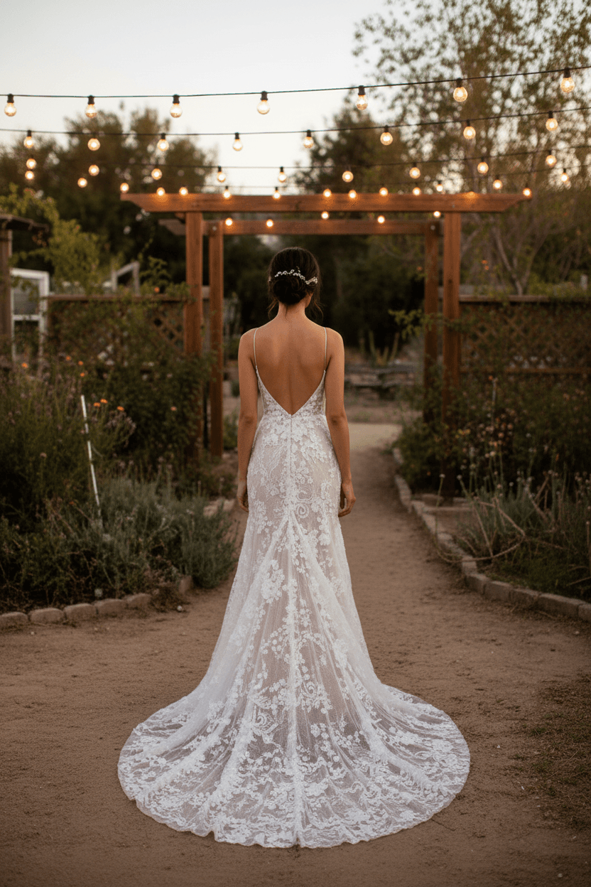 Vue de dos d'une robe de mariée plage bohème avec dos nu et traîne légère