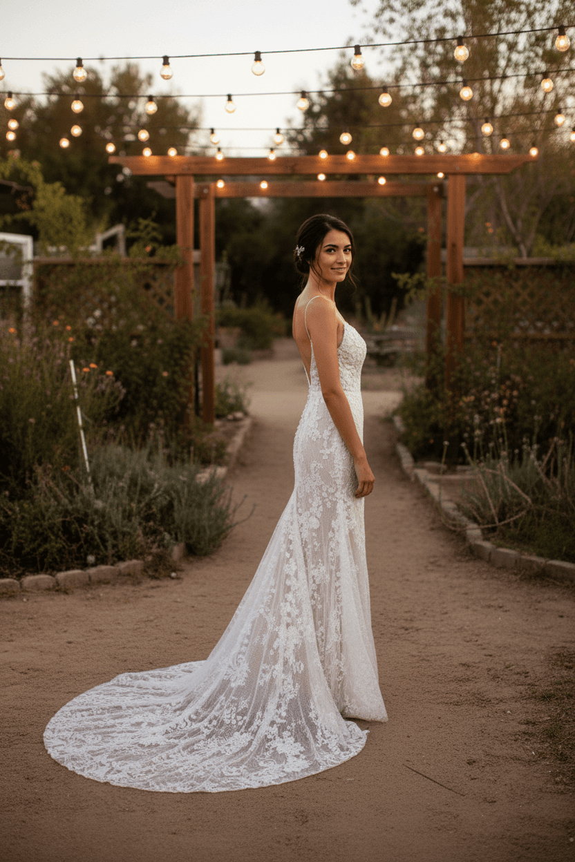 Profil d'une robe de mariée plage bohème en dentelle élégante avec coupe ajustée
