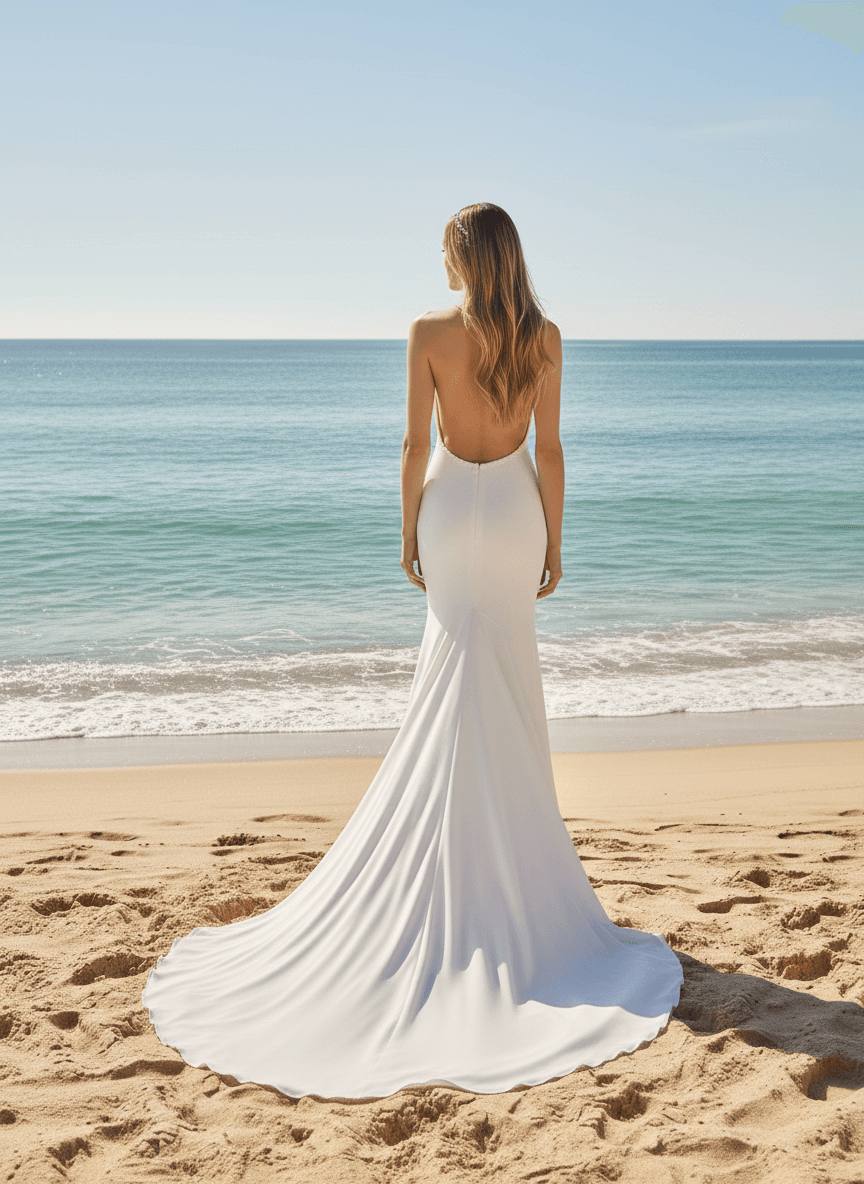 Vue de dos d'une robe de mariée plage chic avec dos nu plongeant et traîne fluide