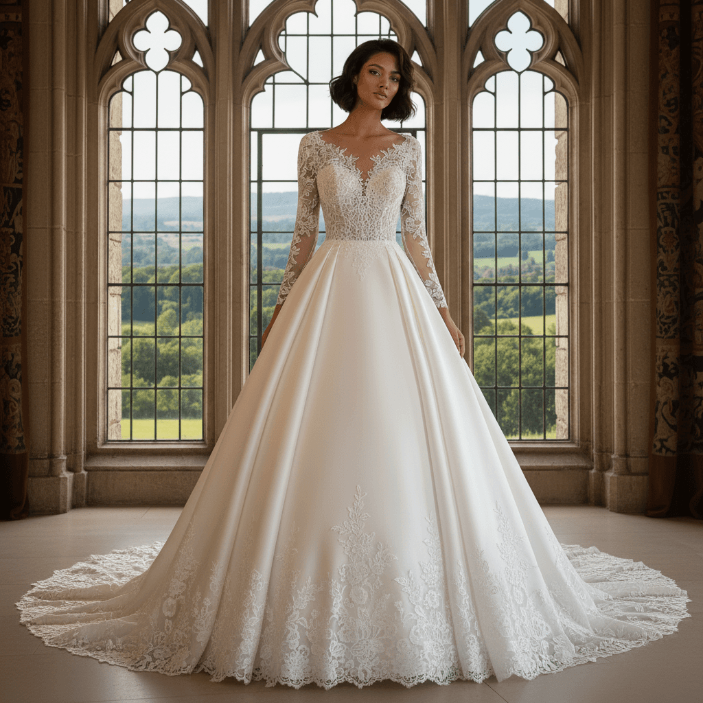 Vue de face d'une robe de mariée princesse bustier dentelle et manches longues