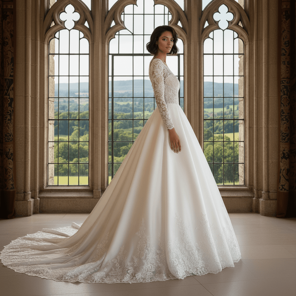 Vue de profil d'une robe de mariée princesse avec jupe volumineuse et traîne