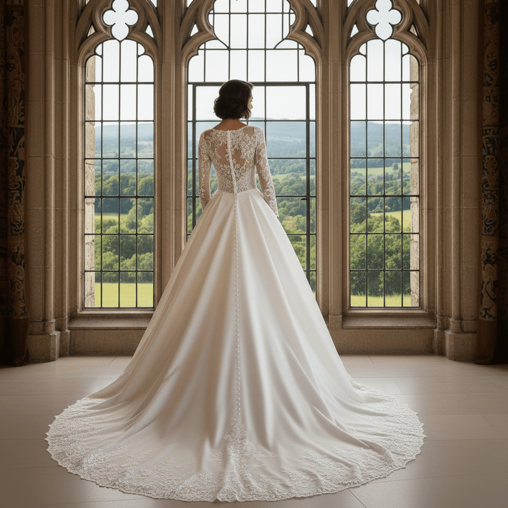 Vue de dos d'une robe de mariée princesse en dentelle avec traîne élégante