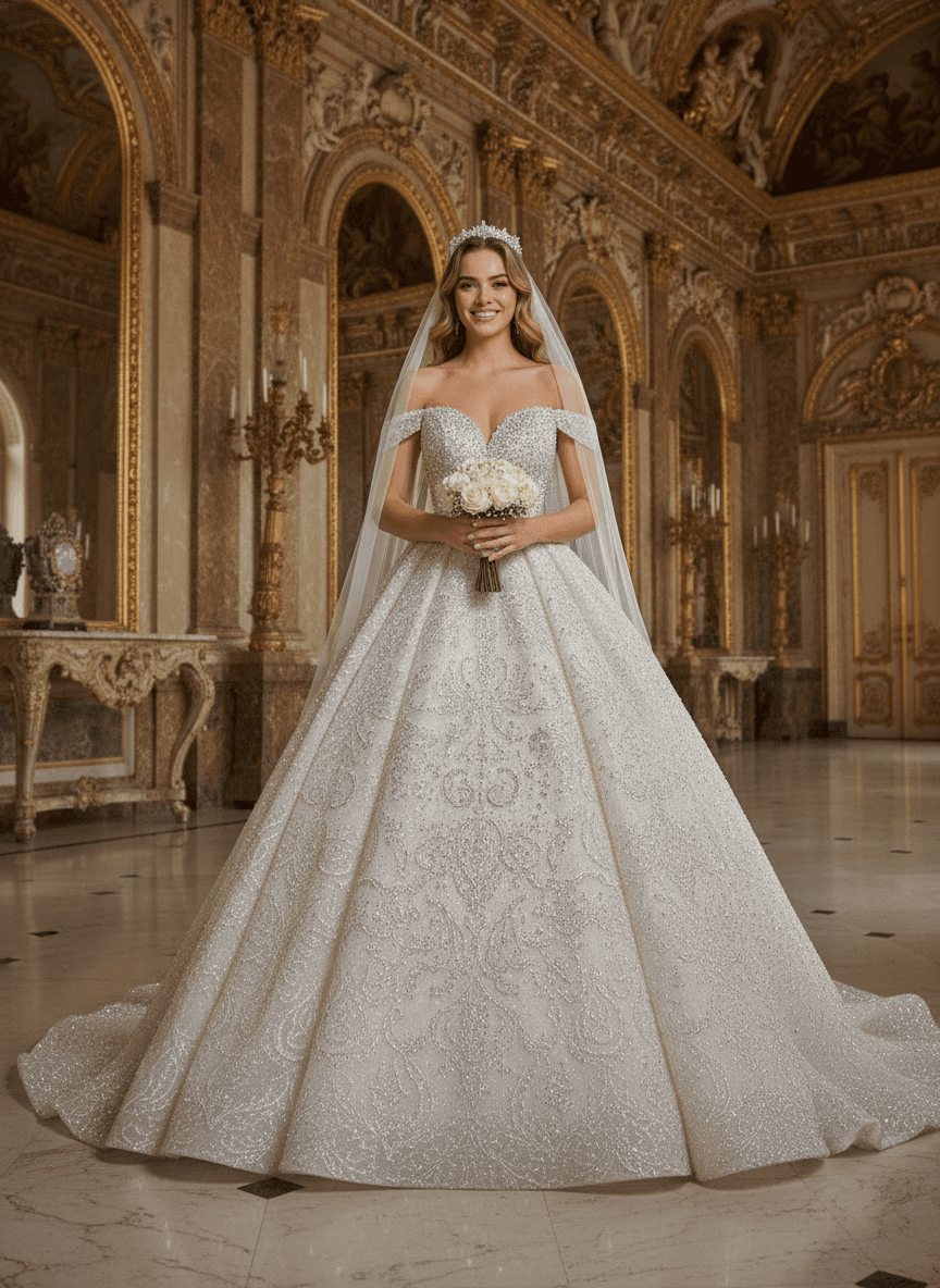 Vue de face d'une robe de mariée princesse à strass scintillante