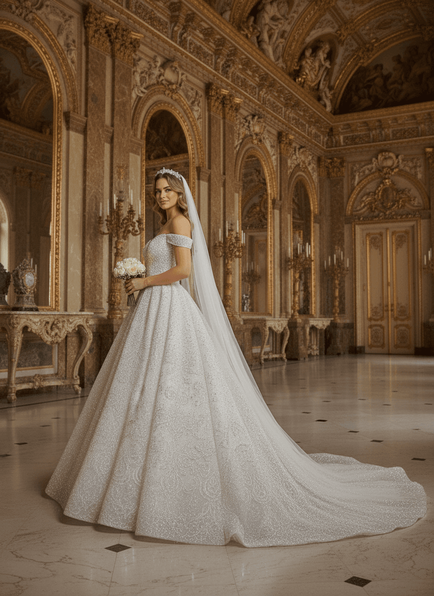 Vue de profil d'une robe princesse ornée de strass avec épaules tombantes