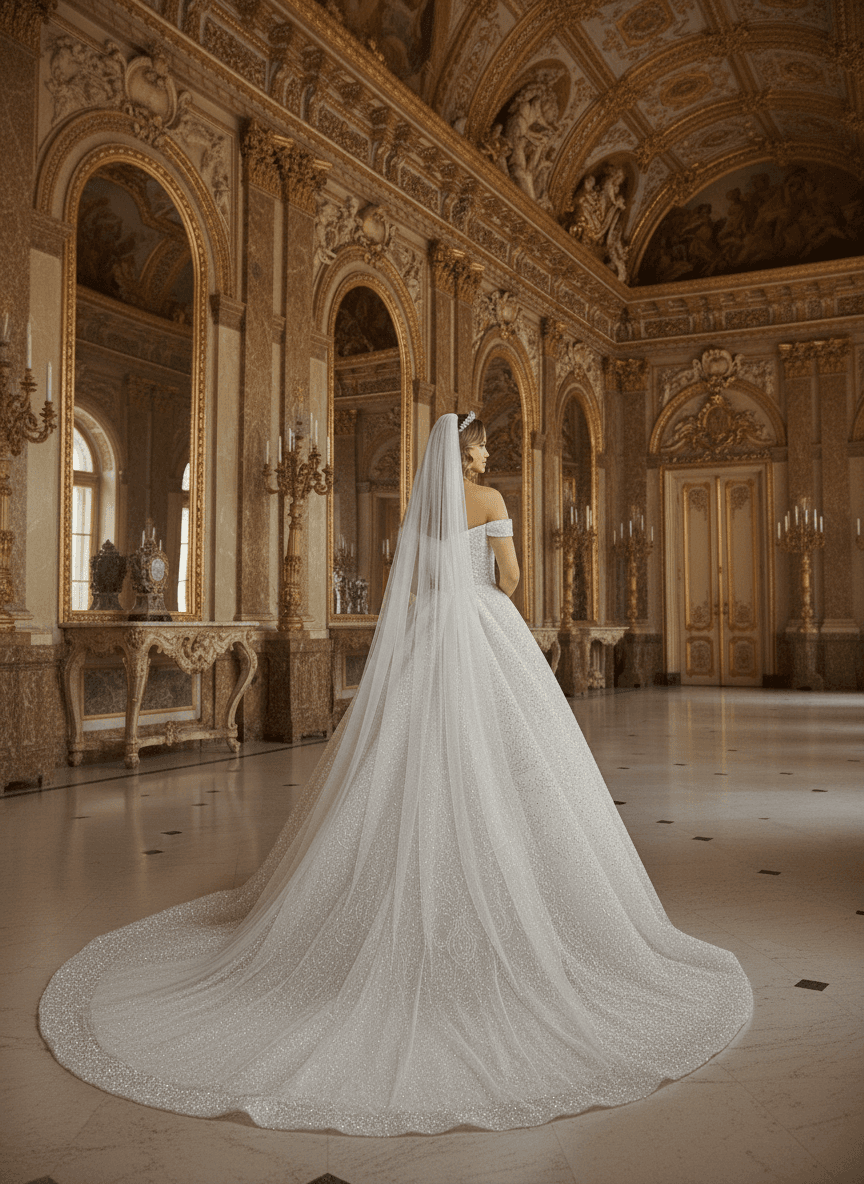 Vue de dos d'une robe de mariée princesse à strass avec traîne étincelante