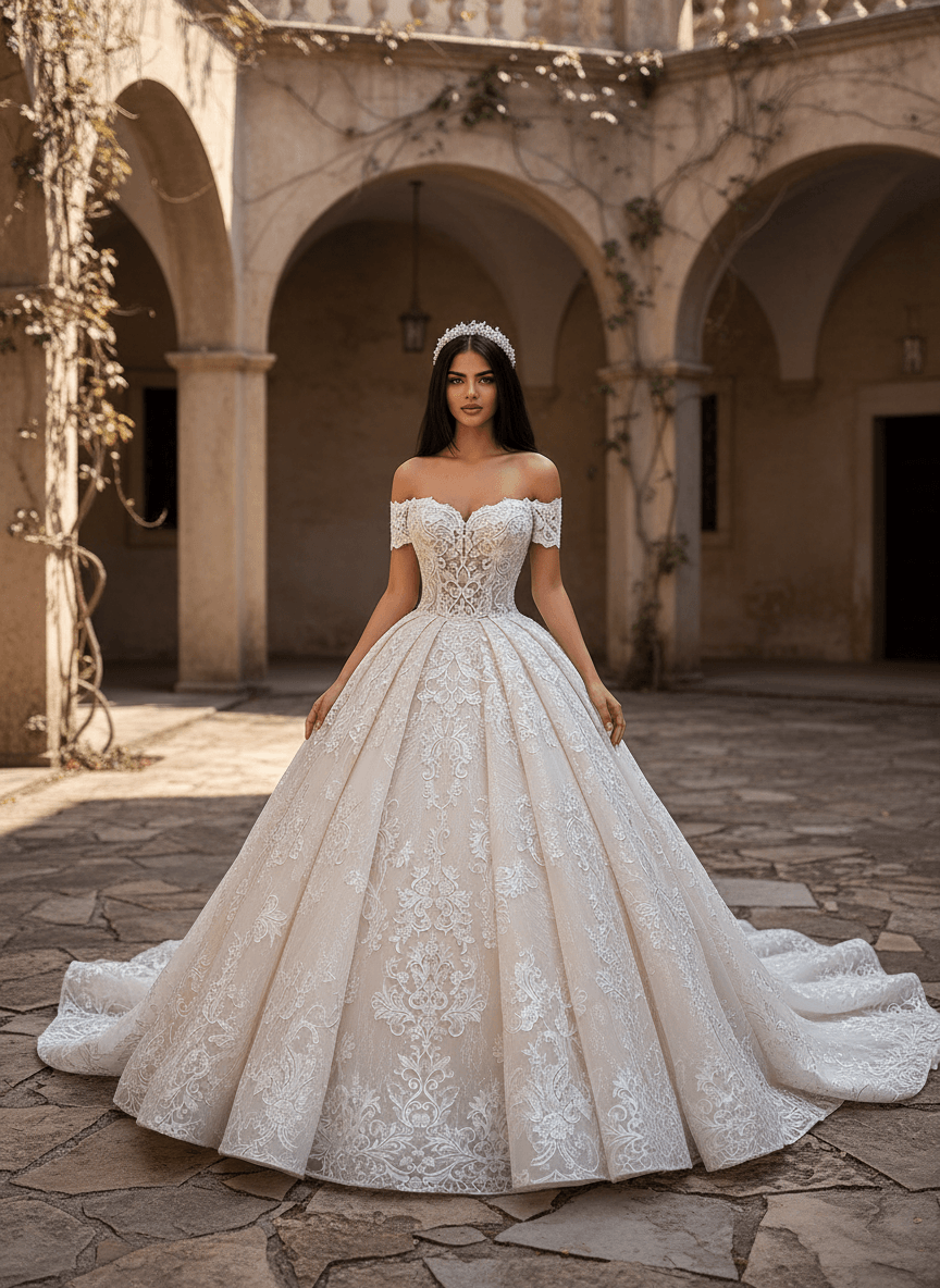 Vue de face d'une robe de mariée princesse en dentelle avec bustier cœur