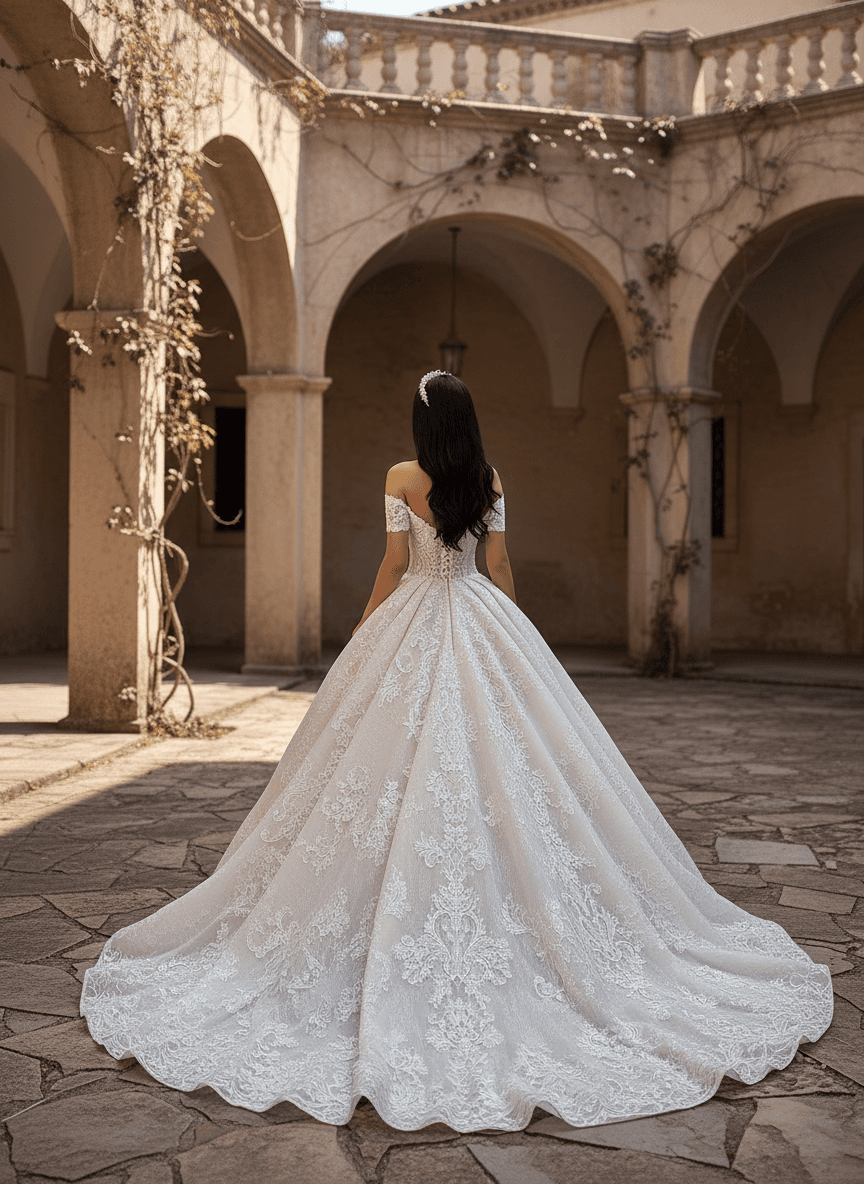 Vue de dos d'une robe de mariée princesse en dentelle à traîne majestueuse