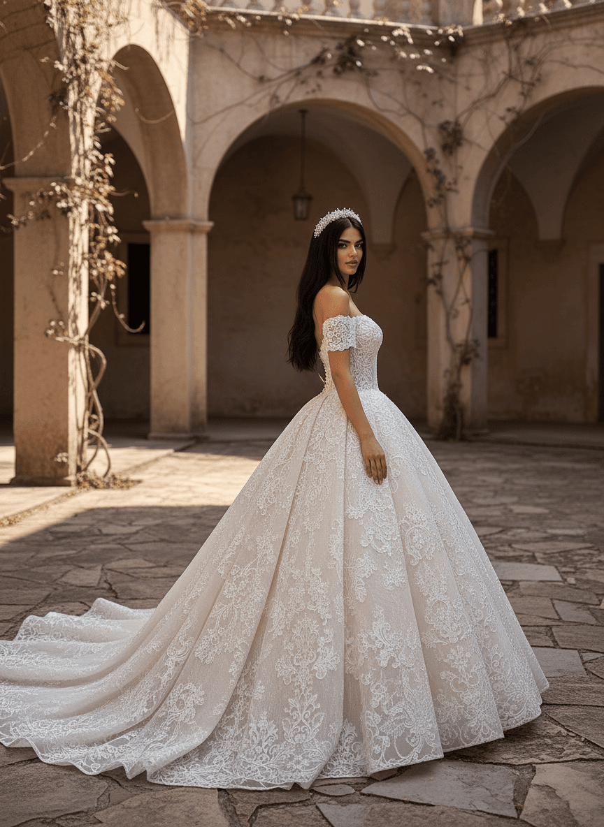 Profil d'une robe de mariée princesse en dentelle élégante et volumineuse