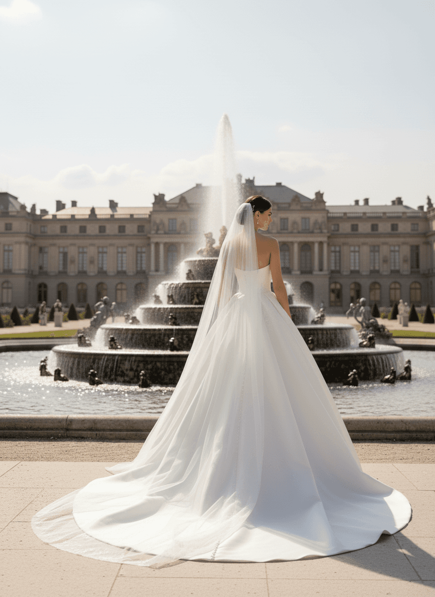 Vue de dos d'une robe de mariée princesse luxe avec longue traîne