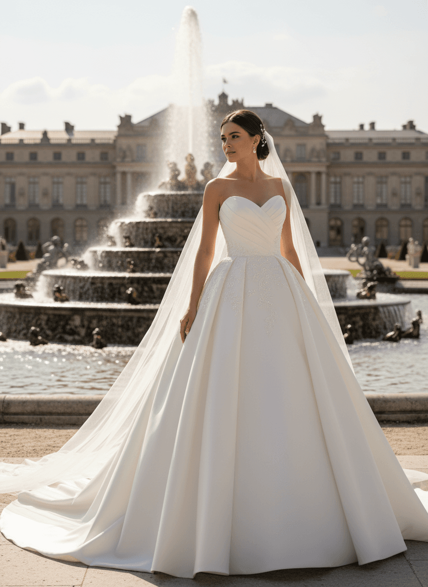 Vue de face d'une robe de mariée princesse luxe bustier cœur